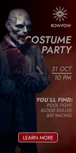 Szablon reklamy banerowej — Kostümparty — 31. Okt 22 Uhr Du findest: Pool Kampf Blut Roller Bat Rennen