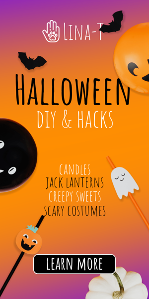 Banner ad template — Halloween Diy & Hacks — Candles Jack Laterns Creepy Sweets Scary Costumes
